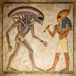 ancient egyptian art of [ xenomorph ] [ giger ] [ alien ] on a ancient egyptian mural