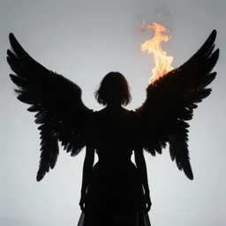 photo still of behind view, dark silhouette of a angel, enchanting a fire spell, 8 k, studio lighting bright ambient lighting key light, 8 5 mm f 1. 8