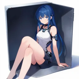 advanced anime digital art, cyberpunk girl sitting in a box , visual key, Makoto Shikai