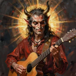 centered detailed portrait, devil plays the guitar at a new orleans crossroads, art by jean giraud and moebius, volumetric, realistic, expressive emotions, illustration