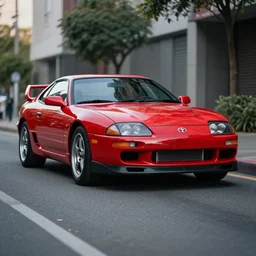 Cannon photo of red Toyota supra made in 1995 front sideview parked on street