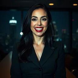 a portrait photograph of a smug woman executive in a business dress in a board room with vampire fangs, black hair, dof, low light, highly detailed, night skyline outside window in background, 4 k, cinestill 8 0 0 t, exif, photography by andreas franke