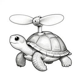 storybook illustration of a turtle with a shell mounted propeller, storybook illustration, monochromatic