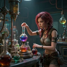 cyberpunk alchemy laboratory full of potions, there is a girl trying to reach a potion. stunning 3 d render, flesh texture, realistic, highly detailed attributes and atmosphere, dim volumetric cinematic lighting, 8 k octane detailed render, post - processing, masterpiece, rtx on, rendering on unreal engine