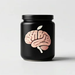 minimalistic logo of brain looks like apple, on black jar, advert, synthwave colours, hyperrealism,