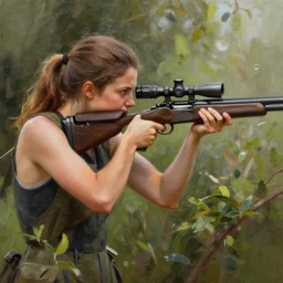 Spectacular Digital Painting Portraits, Mark Chang artstation, Sophie Langdon shooting a rifle inside of a bush portrait study by Ilya Kuvshinov, isolated intricate sniper rifle assault weapon