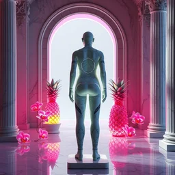 “ one centered!!!!!!!!!! beautiful mannequin made of marble printed in 3 d geometric neon kintsugi!!, facing a giant doorway opening with a neon pink light, vaporwave flowering iridescent pineapples + orchids, inside a room with marble columns, transcendent, vibrant color, clean linework, finely detailed, 4 k, trending on artstation, photorealistic, volumetric lighting, octane render ”