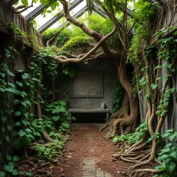 beautiful abaondoned room with overgrown vines roots, post apocolypse sharp focus