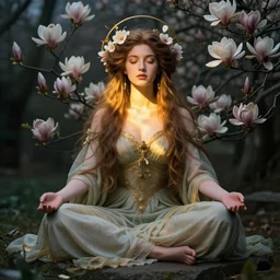 a goddess of magnolias, queen of the garden!!, meditating in nature!!!! with a beautiful symmetrical face!!! cinematic lightning, isolated, studio lighting by alphonse mucha and tom bagshaw