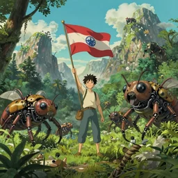 an intricate concept art, illustration, fantasy man raising a flag in a mountain field, mechanical large insect biomes in the rainforest, megafauna, low - angle wide shot, ultra photorealistic, ultra sharp, studio ghibli, artstation, cgsociety, masterpiece, anime colors, style by ivan talavera and wlop, octane render, 4 k