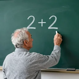 old man trying to solve 2 + 2 equation on a black board, white chalk in hand, school theme, very detailed, realistic classified photography