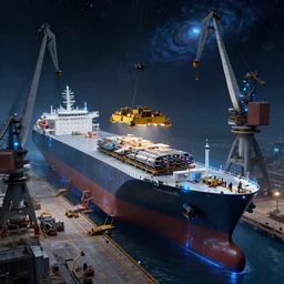sci - fi supertanker, docking cargo, heavy industrial shipping port, spaceship cargo freighters, cargo loading cranes, fantasy, sci - fi, star atlas, by artgerm, atmospheric, concept art, high detail, cinematic, sci - fi, blue lights, artstation trending, octane render