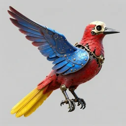 concept art, realistic steampunk mechanical bird, red airbrush on yellow tail saw, blue iron plates for feathers, black scissor for beak, dark scissor blades for skull, digital art, photorealistic, 4 k