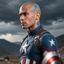 avatar aang as captain America, blue arrow tattoo, bald, realistic