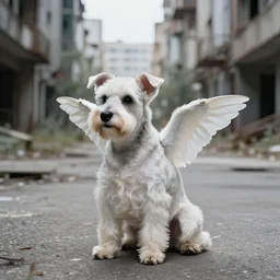 photo of a white schnauzer dog with two open wings on his back sitting on the street of an abandoned dystopic city, hyprrealism, 5 5 mm photo