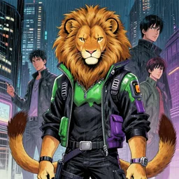 award winning beautiful portrait commission of a male furry anthro lion fursona with a tail and a cute beautiful attractive detailed furry face wearing stylish black, green and purple cyberpunk clothes in a cyberpunk city at night while it rains. Character design by charlie bowater, ross tran, artgerm, and makoto shinkai, detailed, inked, western comic book art