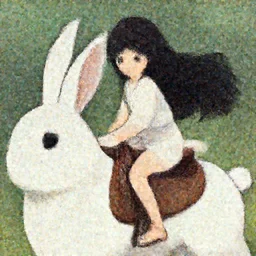 a beautiful girl riding a giant white rabbit. the girl has long hair and black eyes. finely detailed face. brown saddle. digital art. in the style of miyazaki. trending on artstation.