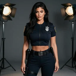 Kylie Jenner, outfit: cop, wide shot, realistic, hyperrealistic, highly detailed, very detailed, 8k resolution, real life, HD quality, dramatic, studio quality lighting
