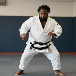 photo of an overweight black man with dreads wearing a gi, doing martial arts, 4 k