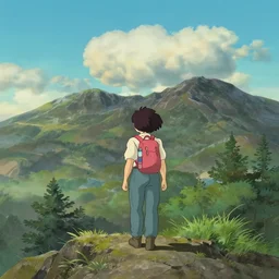 woman with dark hair hiking up a fantastic mountain by studio ghibli