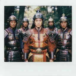 matte close - up portrait of tai smart warlords who assemble in the forest backlighting, ethnic costume, leather and rattan and dong son bronze armored, traditional decoration, elegant, loin cloth, highly detailed, 8 k, cinematic lighting, global illumination, ornate, super detailed, faded color polaroid, a colorized photo, colorized, # film, movie still