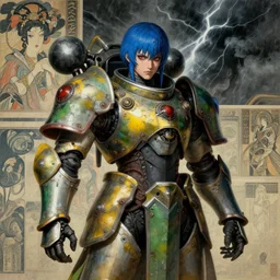 composition of gothic and futuristic young mainem, warhammer, cyber japan armor, more and more scars, thunderstorm, blue head, some yellow green and blue, the middle ages, highly detailed, artstation, in the style of moebius, jugendstil and classic japanese print, art by james gurney and rene magritte