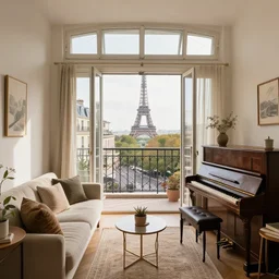 Cosy parisian studio apartment with a balcony and roof window, decorated with vintage furniture and old acoustic piano, with eiffel view, wide angle, award winning photo