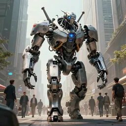 a beautiful portrait of a giant michanical beast walking through the city by Greg Rutkowski, Sung Choi, Mitchell Mohrhauser, Maciej Kuciara, Johnson Ting, Maxim Verehin, Peter Konig, final fantasy, Marco lense , 8k photorealistic, cinematic lighting, HD, high details, atmospheric , trending on artstation