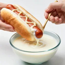 fist holding a hotdog, dipping it into a large bowl of milk