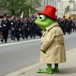 pepe the frog wearing a red hat and trench coat standing on the side of the road watching a parade with a tear in his eye by norman rockwell