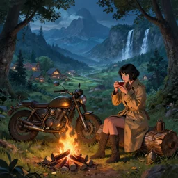panoramic photograph on a girl from final fantasy live action, with short black hair and green eyes in a tan trenchcoat sitting on a log and drinking tea by the campfire by her motorrad, steampunk motorcycle, in a grove at night, ray tracing, large landscape with village, beautiful, mountains, waterfalls, award winning, masterpiece digital painting by greg rutkowski, alex grey, artstation, 4 k wallpaper, jakub rozalski
