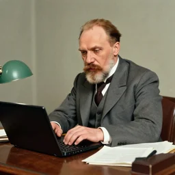 Lenin using laptop while sitting at his desk, coloured