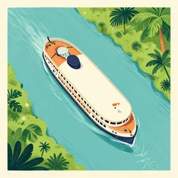 top down bird's - eye view of the jungle cruise boat in a river, poster art, concept art, colorful, 2 d, flat style, nautical navigation map, 8 k resolution, minimalist modern art photo illustration ink drawing woodcut retro