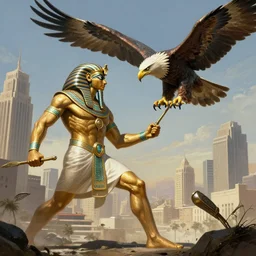 a gigantic egyptian god fighting a huge eagle in blade runner los angeles, intricate, elegant, highly detailed, digital painting, artstation, concept art, matte, sharp focus, illustration, art by anders zorn and greg rutkowski and marvel
