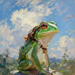 a beautiful young frog, wearing 1 9 2 0 s fashion, brown hair, slim, fair, turning her head and smiling, severe out of focus, depth of field, azure sky, fluffy white clouds, pleinairism, in the sun, backlit, oil on canvas, by monet, in the style of le promenade, impressionnisme