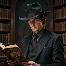 heroic urban fantasy character study, modern occultist, realistic sharp details, realistic face, magical realism, tailored suit and hat, rpg book portrait, haunted library background, by greg rutkowski and larry elmore