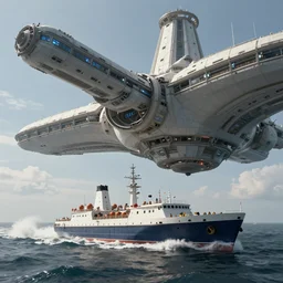 small ship exiting warp appearing before huge gargantuan station
