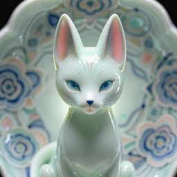 A single Close up photo-real delicate ceramic porcelain sculpture of an ornate symmetrical Kitsune detailed in front of an intricate background by Victo Ngai and takato yamamoto, micro detail, backlit lighting, face in focus, subsurface scattering, translucent, thin porcelain, octane renderer, neon green, pink and blue, physically based rendering, japanese pottery, trending on cgsociety