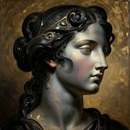 epic concept art. abstract female face silhouette macro portrait with black and color fluid. liquid abstract sculpture. art deco swirls. masterpiece by michelangelo. game art, venetian, film still, cinematic. elegant baroque masterpiece, sidelighting, michelangelo. dutch golden age.. 1 7 th century french classicism painting. neoclassicism.