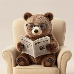 a photograph of a small bear sat in an armchair, reading a newspaper, the bear is wearing glasses