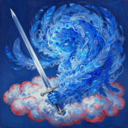 a painting of abstractionism curling blue light who made of curly and transparent feathers and cloud with red edges is holding a sword, a digital painting by charlie bowater, made of many translucent layers of blue feathers and cloud, metaphysical painting, dehumanism, digital painting, holographic undertones, highly saturated colors, 4 k, glossy eyes, concept art, trending on artstation
