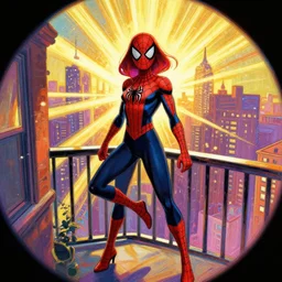 anime key visual concept art of, spider woman standing on a balcony, in new york city, spider - man into the spider - verse ( 2 0 1 8 ), golden rays, by alberto mielgo, 6 0's french movie poster, french impressionism, vivid colors, palette knife and brush strokes, fish eye lens, anaglyph, dynamic composition