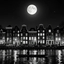 Dutch houses along a river, silhouette!!!, Circular white full moon, black sky with stars, lit windows, stars in the sky, b&w!, Reflections on the river, a man is punting, flat!!, Front profile!!!!, HDR, soft!!, street lanterns glow, shimmers, 1904, illustration, shadowy figures