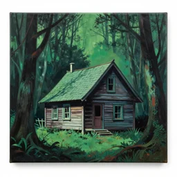 a painting of a eerie cabin in the middle of the woods in the style of andy warhol
