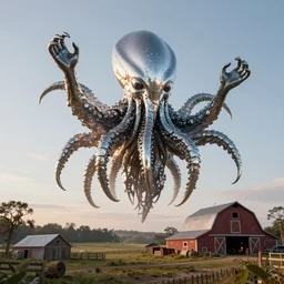 metallic cthulhu - cybog hovering over a farm with barn. shiny, gradient lighting, detailed, full - body, concept art, hyper - realistic, octan render, 8 k