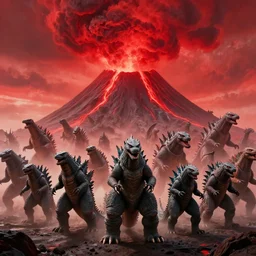 movie still frame, large group of kaiju monsters stampede emerging from a volcano, psychedelic red clouds in the background, intricate details, beautiful composition, 8 k, cgi, by ridley scott, james cameron, zack snyder and michael bay