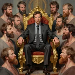 jordan peterson on his throne as the king of the incels surrounded by adoring neck - beards painting by jesper ejsing, concept art, illustration, highly details, artstation
