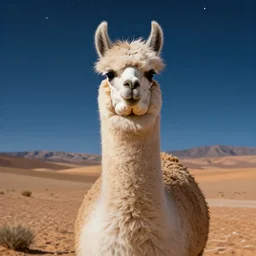 highly detailed portrait photo of a huge llama with dreadlocks in a scenic desert with starfall in the night sky, hyperrealistic Illustration
