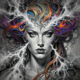 Arabelle Raphael, colorful painting on grey scale face, powerful , magic, thunders, dramatic lighting, intricate, wild, highly detailed, digital painting, artstation, concept art, smooth, sharp focus, illustration, art by artgerm and greg rutkowski and alphonse mucha, footage