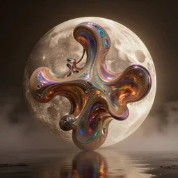 giant iridescent abstract sculpture on the moon, foggy, moody, warm tones, water reflection : : by jeff koons, dan mcpharlin daniel merrian : : ornate, dynamic, particulate, rich colors, intricate, elegant, highly detailed, centered, artstation, smooth, sharp focus, octane render, 3 d